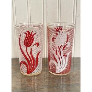 Vintage Hazel Atlas Textured Tulip Glass Set of 2 Red & White 8oz Juice Cocktail